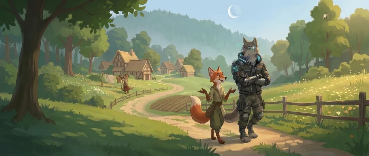 Two anthro characters talking on a path above a sunlit village, a fox in travelling clothes and a wolf in a dark technical coat.